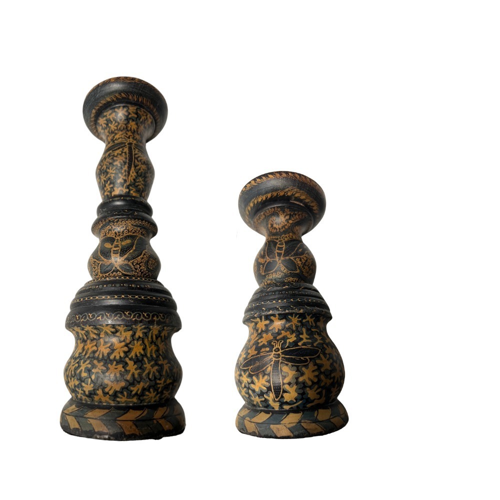 Vtg Indonesian Hand Carved Wooden Batik Butterfly Dragonfly Candle Holders 2pc‎
